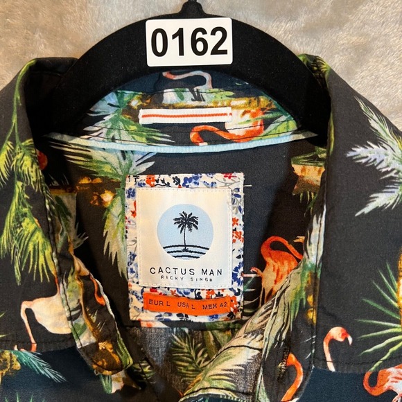 Cactus Man Ricky Singh Cotton Shirt Men's Large Black Floral Palm Flamingo Aloha - Picture 2 of 10